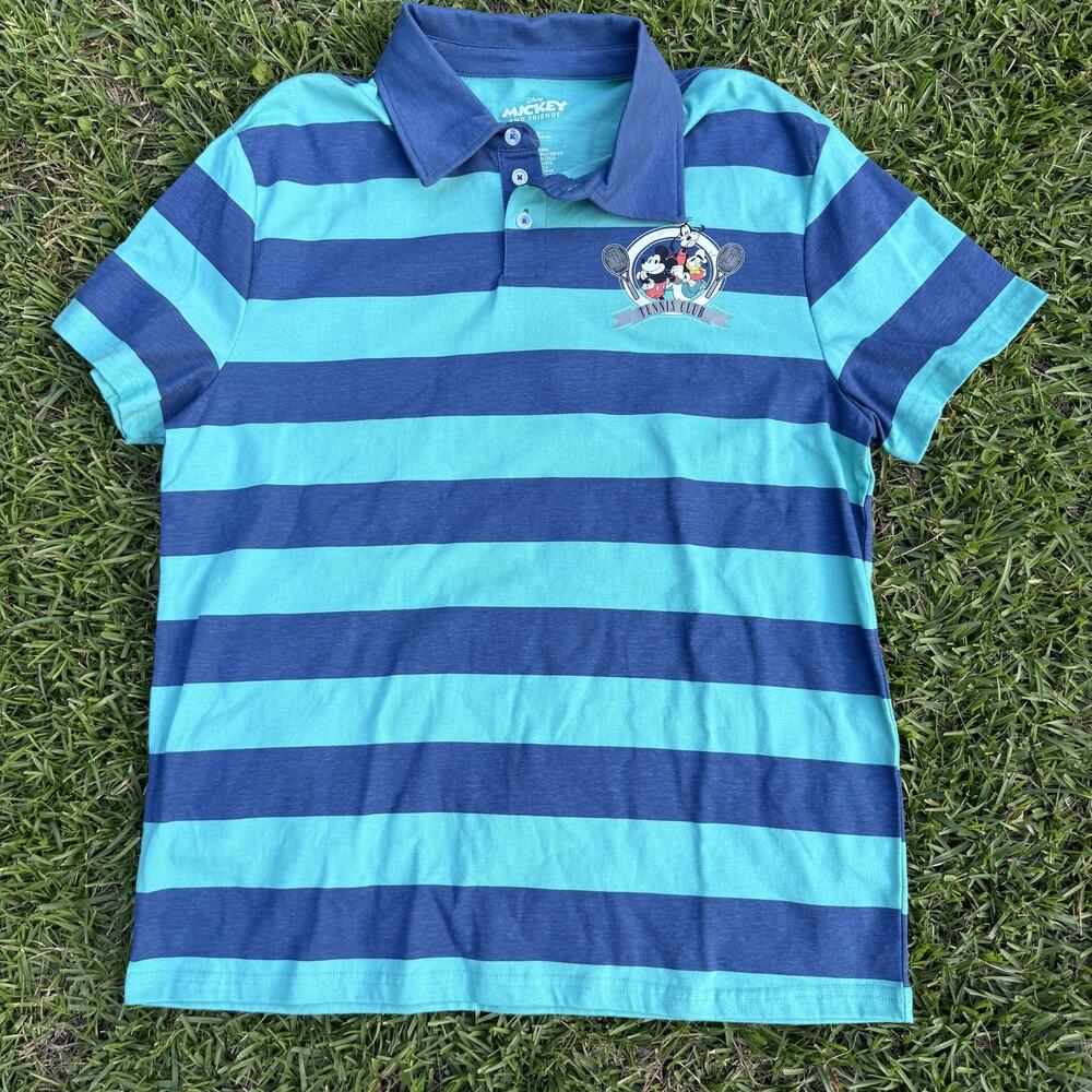 Disney Mickey And Friends Shirt Mens XL Striped Tennis Club Polo Goofy Donald Du